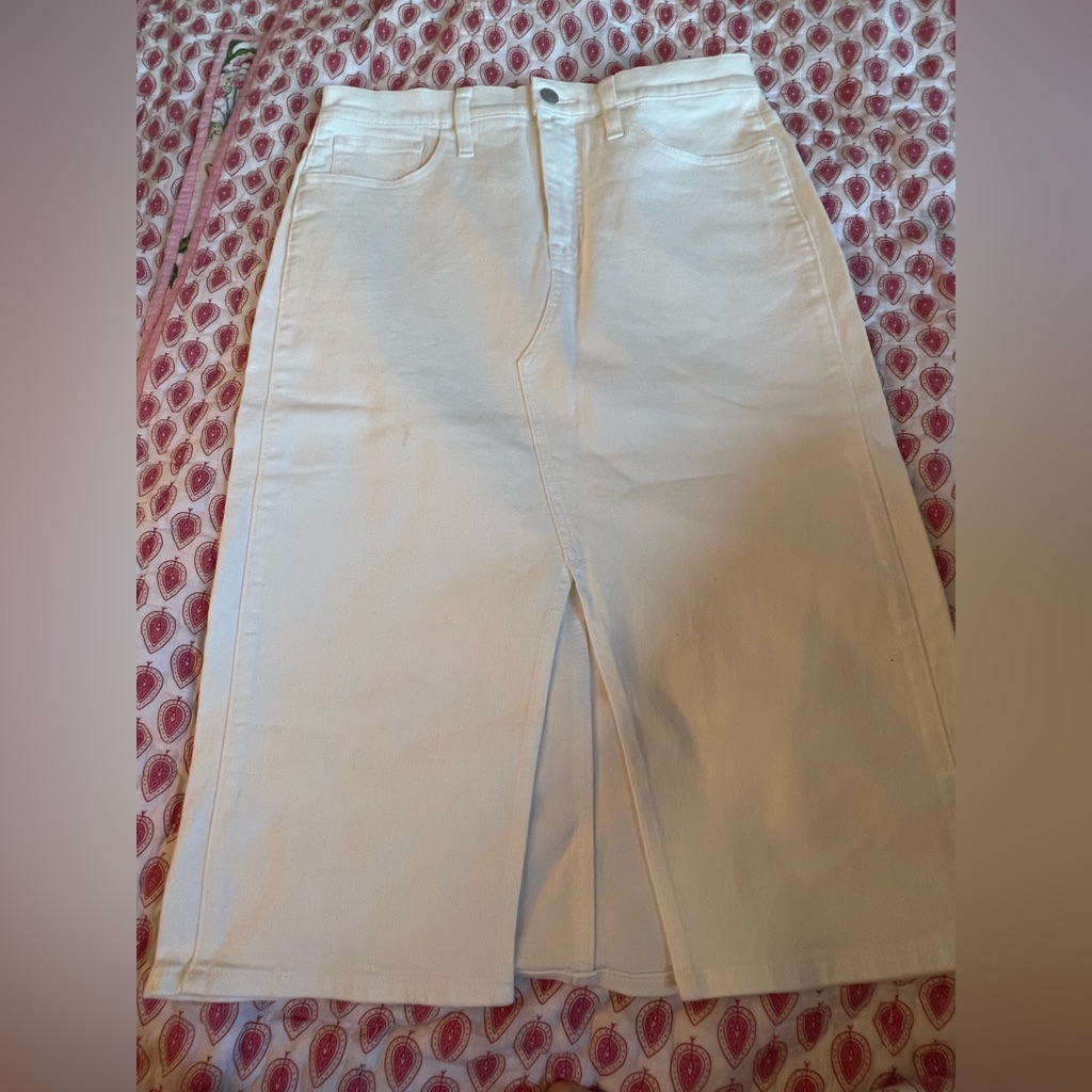 J Crew White Denim Midi Skirt